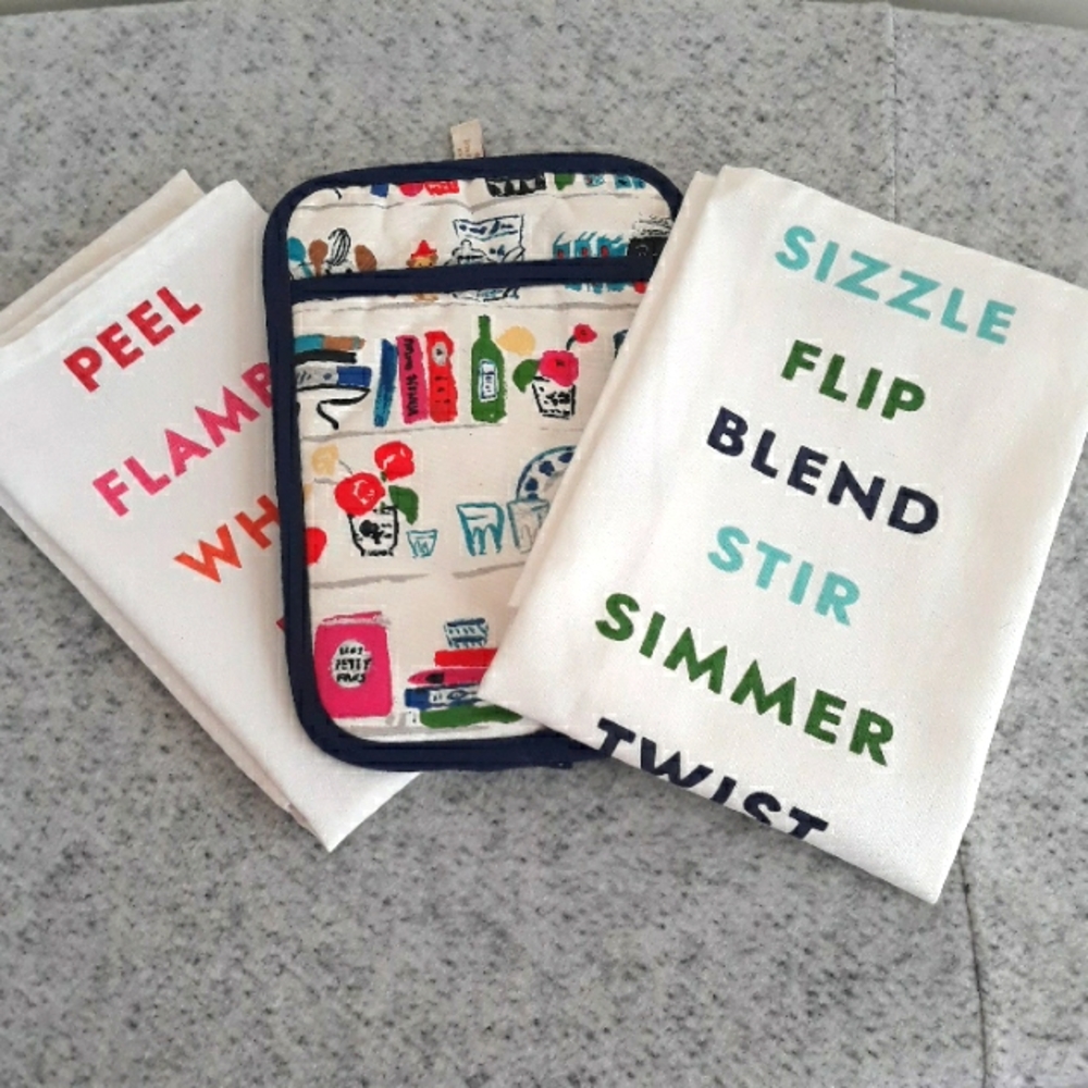 Kate Spade dish towels and oven mitt 3 piece set multi color